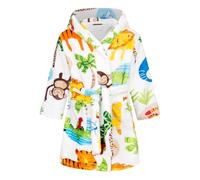 FILOWA Bathrobe Hooded Kids Boys Dressing Gown Fluffy Flannel Sleepwear Supersoft Warm Pajamas Cartoon Print Shower Robe Fleece Nightgown Housecoat for Toddler Children Age 7-8 Years, White Zoo