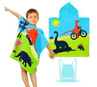 FILOWA Beach Towel for Kids,Dinosaur Bath Towel Hooded Poncho Swimming Pool Surfing Towels Microfibre Soft Absorbent Wearable Bathrobe with Drawstring Bag for Boys Childs 2-6 Years