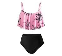 FILOWA Bikini Set for Girls Two Piece Swimsuit Kids Swimming Costume Ruffle Crop Top & Short Coconut Print Tankini with Adjustable Strap Swimwear Beach Pool Holidays for Teen Child 13 Years, Pink