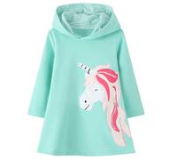 FILOWA Dress for Girls Hooded Jumper Hoodie Sweatshirt Sequin Embroidery Cotton Causal Long Sleeve Animal Applique Sweet Dress for Little Kids 5-6 Years Green