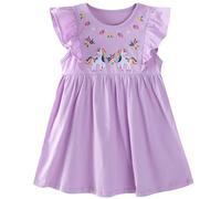 FILOWA Dress for Girls Kids Cotton Flying Sleeves Summer Dresses Animal Flower Strawberry Embroidery Childrens Outfit Cute Pattern Fashion Clothes Spring School Birthday Party Toddler Age 6-7, Purple