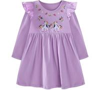 FILOWA Dress for Girls Kids Cotton Long Sleeves Spring Autumn Dresses Animal Flower Strawberry Embroidery Childrens Outfit Cute Pattern Fashion Clothes Park School Birthday Toddler Age 5-6, Purple