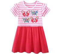 FILOWA Dress for Girls Kids Cotton Short Sleeve Red Stripe Butterfly Flower Embroider Dresses Cute Pattern Outfit Summer Spring Casual Fashion Clothes School Birthday Party Wedding Toddler Age 5-6
