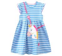 FILOWA Dress for Girls Kids Cotton Sleeveless Round Neck Dresses Blue Stripe Horse Flower Embroider Cute Pattern Fashion Outfit Casual Spring Summer Clothes School Birthday Party Toddler Age 4-5