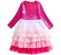 FILOWA Dress for Girls Kids Pink Elegant Mermaid Princess Long Sleeve Dresses Tulle Sequin Sparkly Mesh Tutu Outfit Spring Autumn Birthday Wedding Valentine Clothes Teen Toddler Children Age 6-7