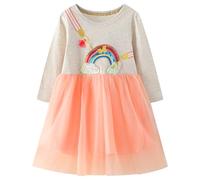 FILOWA Dress for Girls Sequin Tulle Embroidery Stripe Cotton Casual Spring Autumn Long Sleeve Mesh Sparkly with Rainbow Print Girl's Clothing Crew Neck Dress for Little Kids Girl 2-3 Years