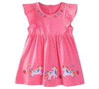 FILOWA Girls Dress Kids Cotton Flying Sleeves Summer Dresses Animal Flower Strawberry Embroidery Childrens Outfit Polka Dot Print Fashion Clothes Spring School Birthday Party Toddler Age 4-5, Red