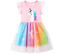 FILOWA Girls Dress Kids Short Sleeves Summer Dresses Sequin Tutu Cotton Tulle Sparkly with Rainbow Horse Pattern Girl's Clothing Birthday School Party Princess Dress Up for Child 2-3 Year, Pink