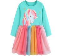 FILOWA Girls Dress Kids Tulle Horse Animal Pattern Long Sleeve Spring Dresses Cotton Sequin Sparkly Outfit Mint Green Rainbow Tutu Fashion Clothes Birthday Party for Teen Children Toddler 5-6 Year