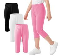 FILOWA Girls Leggings Cotton 3 Pack Solid Cropped Legging Kids 3/4 Shorts Tights Pants with Elastic Waistband Capri Stretchy Trousers Cycling Sport School Casual for Child 9-10 Years, White