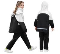 FILOWA Girls Waterproof Suit Kids Hooded Raincoat Lightweight Waterproof Jacket and Trouser Set Breathable Rain Coat & Pants with Zip Rainwear Outdoor Camping Rain Suit for Children 8-9 Years, Black