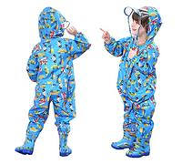 FILOWA Kids Raincoat Hooded Puddle Suits Boys Rainsuit Blue Rainwear Lightweight All in One Waterproof Portable Breathable PVC Brim Zipper Cartoon Muddy Suit for Childs 3-5 Years