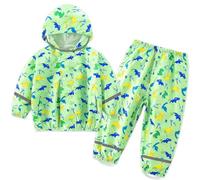 FILOWA Kids Waterproof Suit Baby Boys Hooded Raincoat Lightweight Jacket and Trouser Set Mint Green Dinosaur Breathable Rain Suit Resistant Rain Coat & Pants Puddle Suit for Children Toddler 1-2 Years