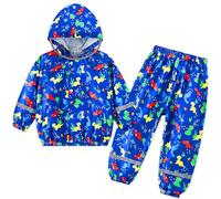 FILOWA Kids Waterproof Suit Boys Blue Dinosaur Hooded Raincoat Lightweight Jacket and Trouser Set Rain Suit Breathable Rain Coat & Pants Resistant Rainwear Puddle Suit for Child Teen 3-4 Years