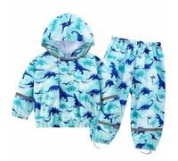 FILOWA Kids Waterproof Suit Lightweight Waterproof Jacket and Trouser Set Blue Dinosaue Pattern Boys Breathable Raincoat Hooded Rain Coat & Pants with Pocket Rainwear Rain Set for Childs 6-7 Years