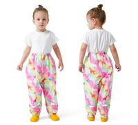 FILOWA Kids Waterproof Trousers Girls Lightweight Rain Trouser Dirty Proof Mud Pants with Reflective Strip Dinosaur Pattern Breathable Rain Pant Outdoor School Rainwear for Toddler 1-2 Years, Pink