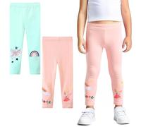 FILOWA Leggings Girls Kids Cotton Stretchy Trousers 2-Pack Rainbow Horse Embroidery Sequins Tights Pants Long Legging Activewear Casual School Spring Summer Bottom for Children 3-4 Years, Blue Pink