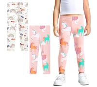 FILOWA Leggings Girls Kids Cotton Stretchy Trousers 2-Pack Rainbow Horse Printed Tights Pants Full Length Legging Activewear Casual School Spring Summer Trouser for Children 3-4 Years, Pink White