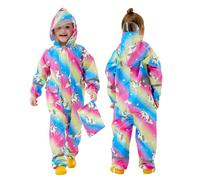 FILOWA Puddle Suit Girls Hooded Raincoat Waterproof All in One Rainsuit Lightweight Breathable Horse Animal Pattern Rainwear with Transparent Hat Brim Spring Muddy Suit for Kids 7-9 Years, Colourful