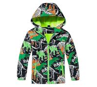 FILOWA Raincoat Boys Kids Waterproof Jacket Fleece Lined Rain Jacket with Hood Rainwear Dinosaur Rain Coat Windbreaker Spring Autumn Winter Hiking Camping Outdoor Coat for Children 9-10 years, Green