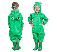 FILOWA Raincoat Kids Hooded All in One Waterproof Rainsuit Boys Puddle Suit Green Rainwear Lightweight Portable Breathable Muddy Suit for Childs 7-10 Years
