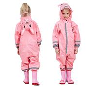 FILOWA Raincoat Kids Hooded All in One Waterproof Rainsuit Girls Puddle Suit Pink Rainwear Lightweight Portable Breathable PVC Hat Brim Zipper Muddy Suit for Childs 3-5 Years