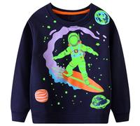 FILOWA Sweatshirt Boys Cotton Glow in the Dark Dinosaur Sweater, 2-7 Years | Crew Neck, Navy Blue Jumper, Astronaut Skull Pattern Pullover, Warm, Long Sleeve, Outdoor Autumn Winter Top for Children
