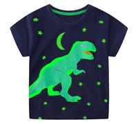 FILOWA T-Shirt Boys Kids Cotton Short Sleeve Tee Glow in The Dark Crew Neck Soft Top Navy Blue Dinosaur Pattern Plain T Shirts Casual School Sports Summer Outfit for Toddlers 5-6 Years