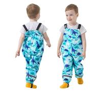 FILOWA Waterproof Trousers Kids Boys Rain Trousers Dinosaur Print Mud Jumpsuit with Reflective Strip Lightweight Adjustable Strap Rain Over Outdoor Play Overalls Rainwear for Child 6 Years, Blue