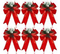 Filteilect Festive 13x15cm Christmas Bows Set of 6 - Featuring Pine Needles and Cones for Tree Top Decoration, Wreaths, Presents(Pure red plush)