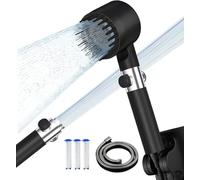 Filter Shower Head with 1.5M Shower Hose and Shower Stand, 4 Mode High Pressure Shower Heads with Pause Switch, Massage Water Saving Power Showerhead with ON/Off Switch, Black