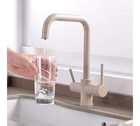 Filtered Water Kitchen Faucet 3 Way Brass Dual Handle Deck Mounted Drinking Water Sink Tap with Aerator and 360 Rotation Beige