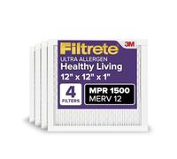 Filtrete 12x12x1 Air Filter, MPR 1500, MERV 12, Healthy Living Ultra-Allergen 3-Month Pleated 1-Inch Air Filters, 4 Filters