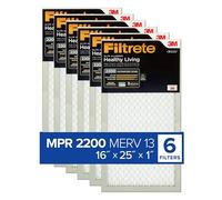 Filtrete 16x25x1 AC Furnace Air Filter, MERV 13, MPR 2200, Elite Allergen, Bacteria & Virus Filter, 3-Month Pleated 1-Inch Electrostatic Air Cleaning Filter, 6-Pack (Actual Size 15.69x24.69x0.78 in)