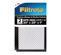 Filtrete 20x25x1 AC Furnace Air Filter, MERV 14, MPR 2500, Premium Ultra Fine Particle, 3-Month Pleated 1-Inch Electrostatic Air Cleaning Filter, 2-Pack (Actual Size 19.69 x 24.69 x 0.81 in)