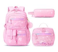 Fimibuke Backpack for Girls, 3 PCS Waterproof Kids Backpack with Lunch Box & Pencil Case Set, Cute Travel Bookbag School Bag for Kindergarten Elementary Middle High School Student Toddler Kids Teens
