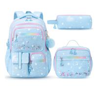 Fimibuke Backpack for Girls, 3 PCS Waterproof Kids Backpack with Lunch Box & Pencil Case Set, Cute Travel Bookbag School Bag for Kindergarten Elementary Middle High School Student Toddler Kids Teens