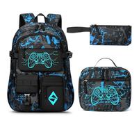 Fimibuke Backpack for School Boys, 3 PCS Cool Luminous Kids Backpacks with Lunch Box & Pencil Pouch Glow in The Dark, Game