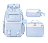 Fimibuke Backpacks for Girls, 3 PCS Waterproof School Backpack with Lunch Box & Pencil Pouch for Kids Teen Girl, Cute Bookbag School Bag for Elementary Middle High School Student Ages 6+(Blue)