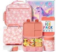 Fimibuke Bento Lunch Box for Kids Toddler Girl with 12OZ Insulated Food Jar | 3-Compartment 32OZ Snack Lunch Container Bento Box, Lunch Bag & Ice Pack Set for Age 3-12 School Daycare Camp, Rainbow Daisy