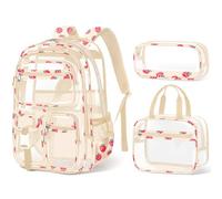 Fimibuke Clear Backpack for Kids, 3PCS Heavy Duty Transparent Kid Backpack with Lunch Box & Pencil Case Toddler Clear Bookbag, Strawberry, Modern