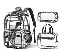 Fimibuke Clear Backpack for Kids, 3PCS Heavy Duty Transparent Kid Backpack with Lunch Box & Pencil Case Toddler Clear Bookbag, Camouflage Black, Modern