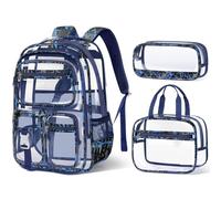 Fimibuke Clear Backpack for Kids, 3PCS Heavy Duty Transparent Kid Backpack with Lunch Box & Pencil Case Toddler Clear Bookbag, Camouflage Blue, Modern