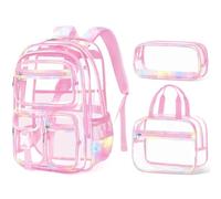 Fimibuke Clear Backpack for Kids, 3PCS Heavy Duty Transparent Kid Backpack with Lunch Box & Pencil Case Toddler Clear Bookbag, Gradient Pink