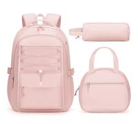 Fimibuke Kids Backpack for Girls, 3 PCS Waterproof Girls Backpack with Lunch Box & Pencil Case, Lightweight Bookbag Set, Pink, 17 x 12.5 x 6.5 inches