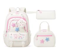 Fimibuke Kids Backpack for Girls, 4 PCS Waterproof Teen Girls Backpack with Lunch Box, Pencil Case & Headphone Bag Set, Cute Bookbag School Bag for Elementary Middle High School Student Back to School