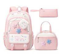 Fimibuke Kids Backpack for Girls, 4 PCS Waterproof Teen Girls Backpack with Lunch Box, Pencil Case & Headphone Bag Set, Cute Bookbag School Bag for Elementary Middle High School Student Back to School