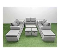 Fimous 10 PCs Rectangular Coffee Table Set Reclining Chair Inclining Sofa Love Sofa 2 Big Footstool 2 Small Stool 2 Side Table Light Grey