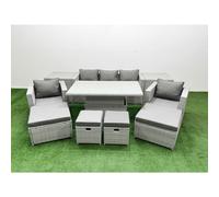Fimous 10 Pcs Rising Dining Table Set Rattan Furniture Set With 3 Seater Sofa Chair 2 Footstools 2 Small Footstools 2 Side Tables