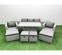 10 PCs Rising Dining Table Set Rattan Furniture Set with 3 Seater Sofa Fimous Light Grey One Size